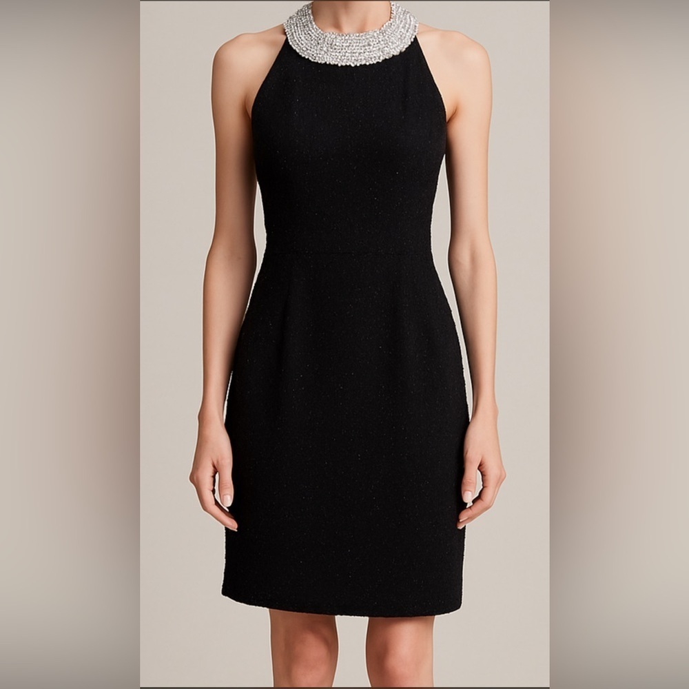 Inc Royal Gardens Dress Black Wool Blend Boucle Faux Pearl Collar Halter Dress - Picture 1 of 9